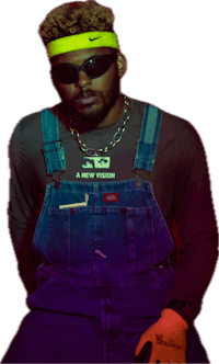 a man wearing overalls and a yellow bandana